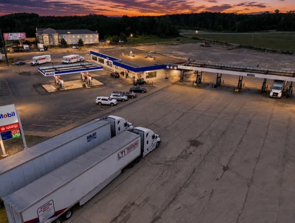 Cowboy Truck Stop 2 at dusk — Mobil pumps, diesel canopy, and the lot