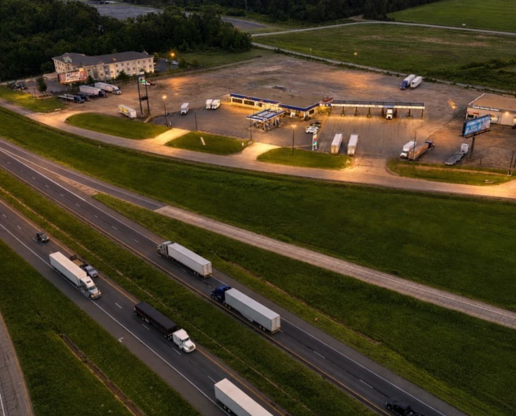 Aerial view of Cowboy Truck Stop 2 beside I-20 in Marshall